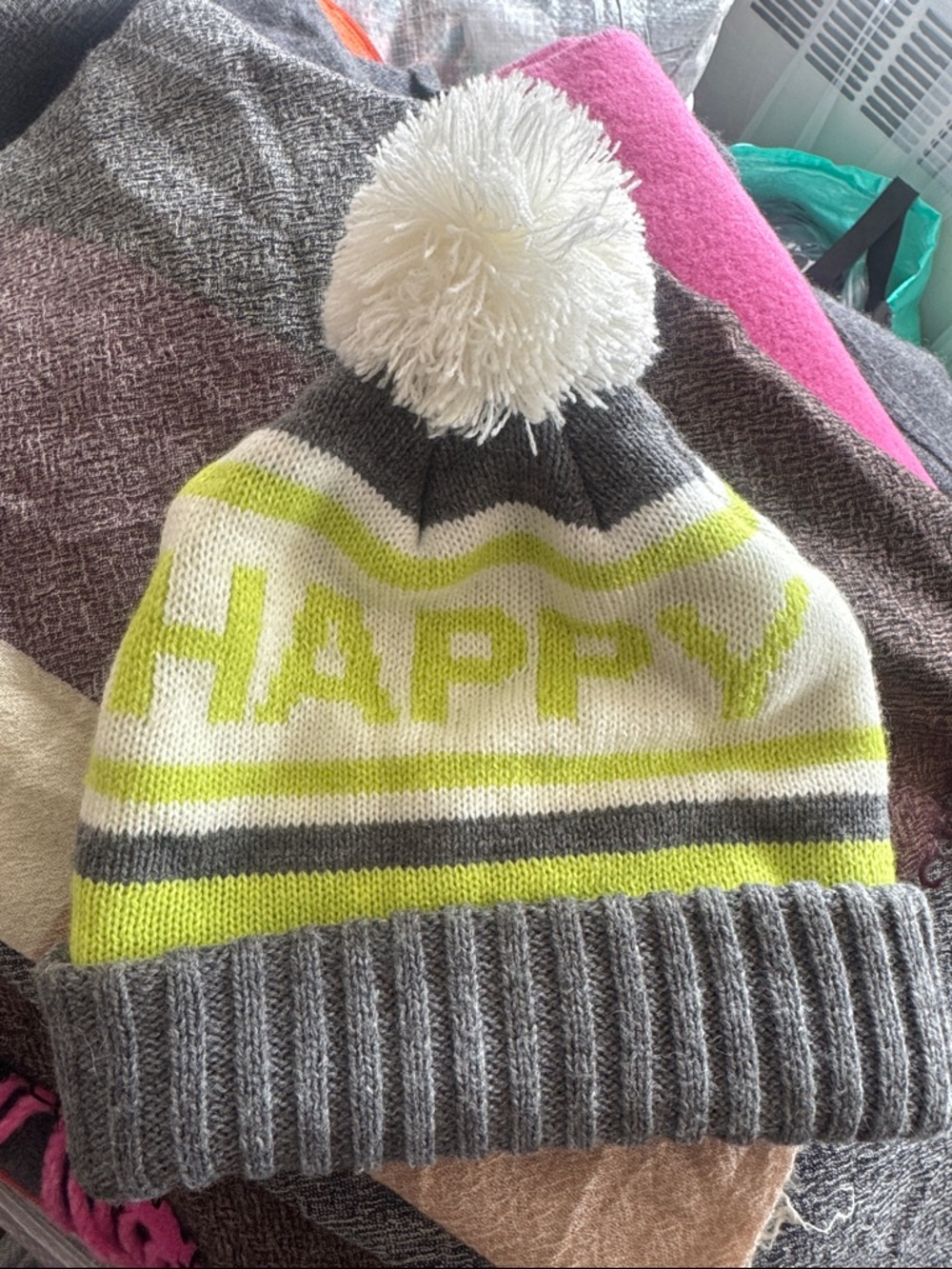 Kids 'Happy' Knit Pom Beanie - Gray & Lime old navy